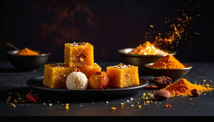 Minimal Lohri festival still life with sweets and fire embers, Indian harvest celebration