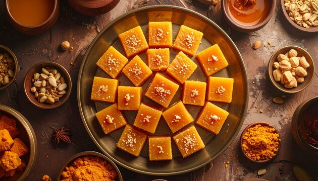 Sesame and jaggery sweets arranged for Lohri festival offering, harvest food flat lay