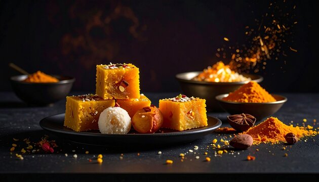 Minimal Lohri festival still life with sweets and fire embers, Indian harvest celebration