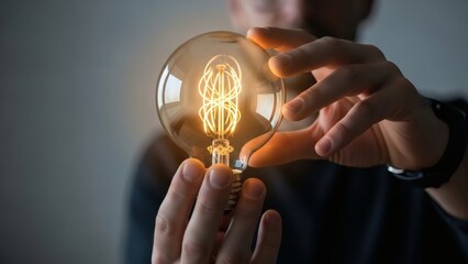 A persons hands delicately hold a vintage-style incandescent light bulb its elaborate filament glowing warmly in a soft blurred environment