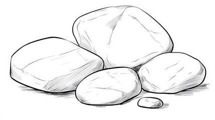 Minimalist Black and White Line Art Drawing of Smooth River Stones and Pebbles, Clean Hand Drawn Sketch Illustration of Stacked Zen Rocks Isolated on White Background for Coloring or Organic Design