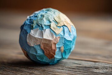 Paper globe model of earth on wooden table for earth day awareness and celebration