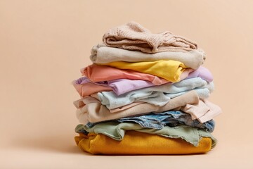 Over consumption illustrated  a pile of unworn clothes against a soft pastel beige backdrop