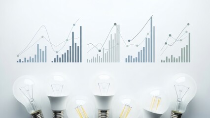 Graphs showing data trends above a row of light bulbs on a plain background