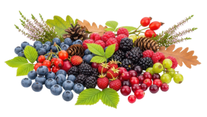 A vibrant assortment of various fresh berries, leaves, and pine cones, arranged together.