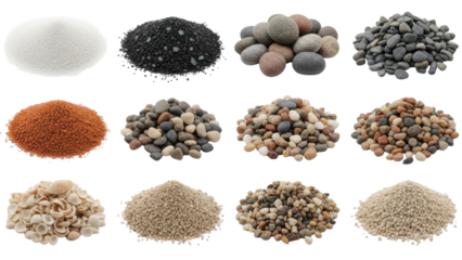 Assortment of various types of gravel, sand, and small stones, arranged for display.
