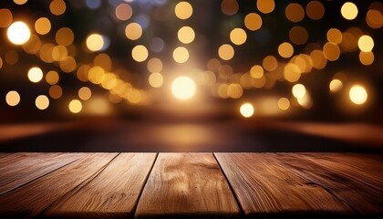 a wooden table with lights in the background