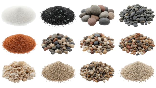 Assortment of various types of gravel, sand, and small stones, arranged for display. - Powered by Adobe