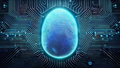 digital fingerprint hologram over circuit lines symbolizing biometric security and identity verification protecting sensitive data on networks against cybercrime and unauthorized access