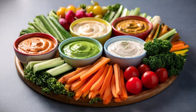 colorful vegetable platter with various dips
