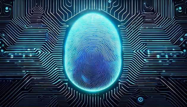 digital fingerprint hologram over circuit lines symbolizing biometric security and identity verification protecting sensitive data on networks against cybercrime and unauthorized access - Powered by Adobe