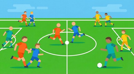 A soccer game with several players, each in a different color, actively playing on the green field 