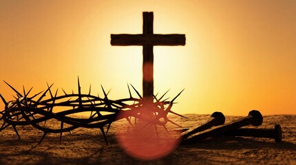 A silhouette of a wooden cross, a crown of thorns, and nails against the backdrop of a setting sun, evoking solemnity and reflection. 