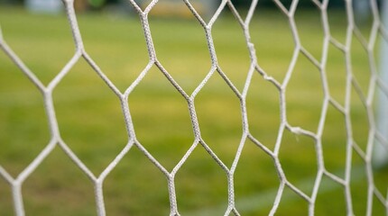Fototapeta premium Close-up view of a soccer net with a blurred green field in the background