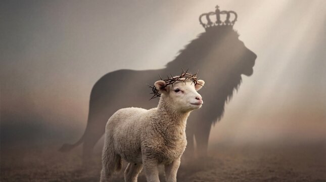A surreal depiction of the lamb and lion, a symbolic representation of contrasts and inner strength. A lamb in front of the shadow of a lion with a crown