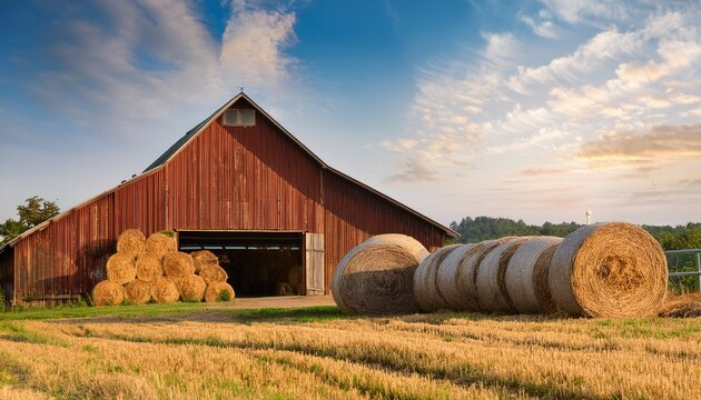 a barn with hay bales in front of it - Powered by Adobe