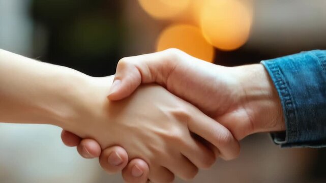 Two people shaking hands over a table. This is a symbol of agreement, partnership, and success in business or other professional setting.