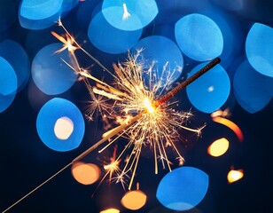 close up of sparklers ignited in the dark emitting bright sparks and bokeh light effects against a blurred blue background