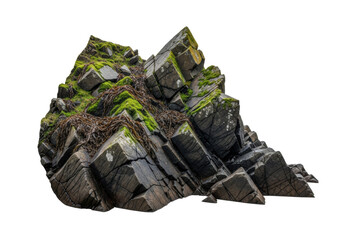 Jagged natural rock formation, dark grey and deep brown angular boulders, vibrant green moss, dark brown seaweed on a transparent studio background with copy space, high-key lighting, concept for