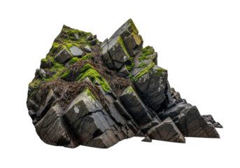 Jagged natural rock formation, dark grey and deep brown angular boulders, vibrant green moss, dark brown seaweed on a transparent studio background with copy space, high-key lighting, concept for