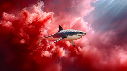 Fototapeta premium Shark swims in red waters. A shark swims through thick red clouds underwater with light shining from above during daytime.