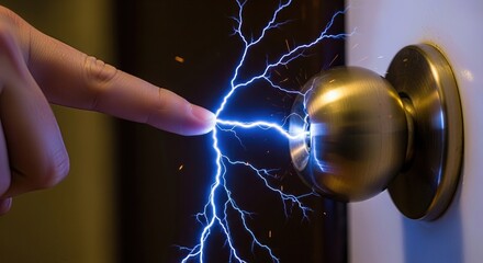 A bare finger makes contact with a brass doorknob, generating a bright blue static electricity discharge. Powerful high voltage electric current arcs, a shocking transfer of energy.