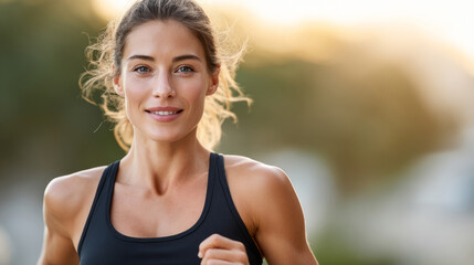 Woman running outdoors at sunrise with focused expression for fitness motivation and inspiration