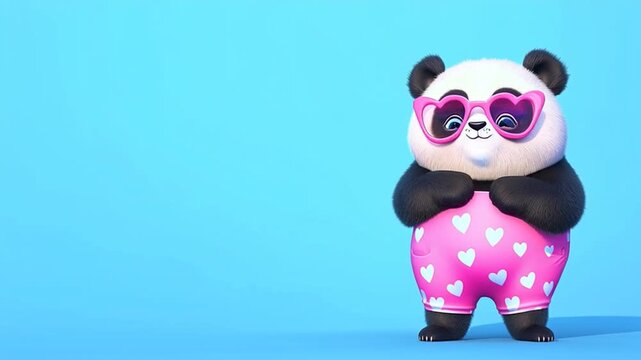 A panda wearing pants decorated with small hearts, dancing, set against a simple blue background.