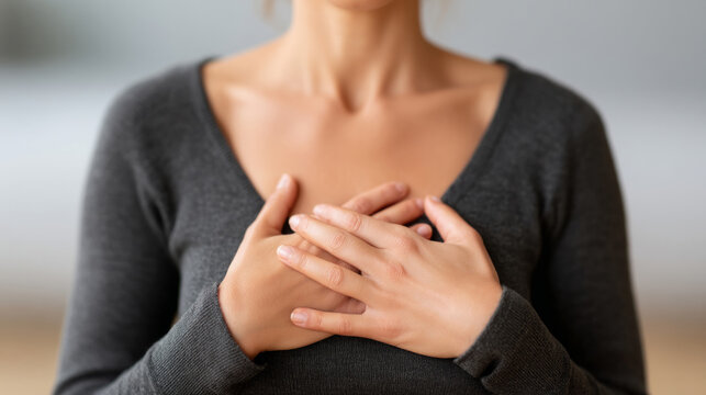 Mindful deep breathing exercise with hands on chest for relaxation and calmness