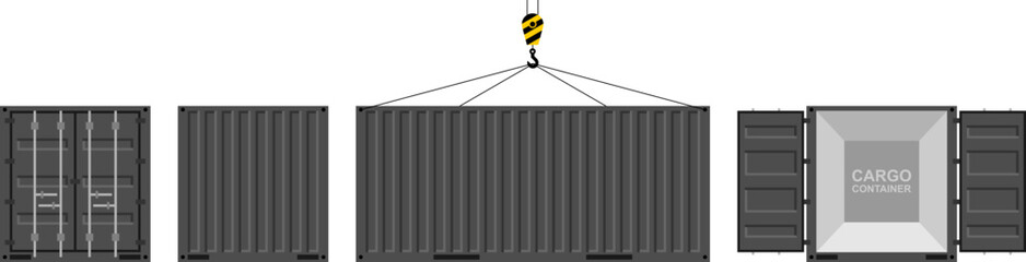 Cargo container set. Logistics and Transportation Concept. Side, front, back view. Flat style