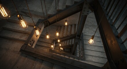 Industrial-style spiral staircase with Edison bulbs