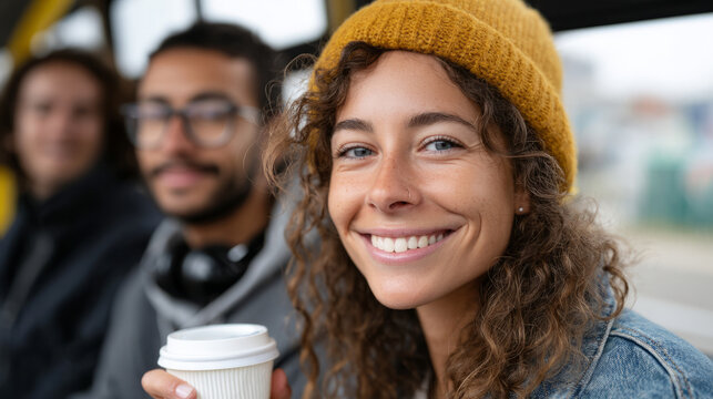Group of young people enjoying bus travel adventure