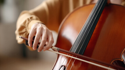 Dynamic close-up of a cellist in motion playing with passion
