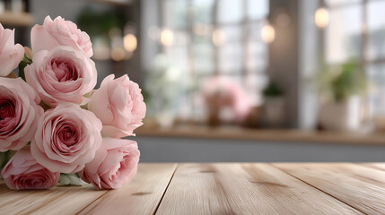 A beautiful bouquet of pink roses rests on a wooden surface, with a softly blurred, inviting background featuring warm lighting and greenery.