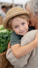 Child embracing grandma at vibrant farmers market for a heartwarming moment