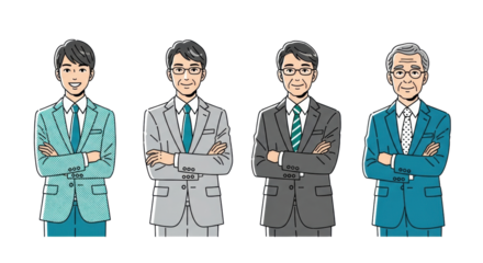 Four confident Japanese businessmen illustrations, young to elderly, in professional suits (teal, grey), standing arms crossed with inviting smiles, on a transparent background with copy space,
