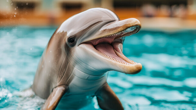 Dolphin swims in water showing teeth. A dolphin is swimming in a pool and opening its mouth. The water splashes around the dolphin as it moves. - Powered by Adobe