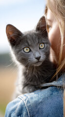 Confident gray cat balancing gracefully on owner's shoulder in outdoor scene