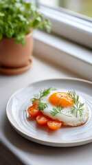 Sunny-side up egg with cherry tomatoes and fresh dill on plate by window