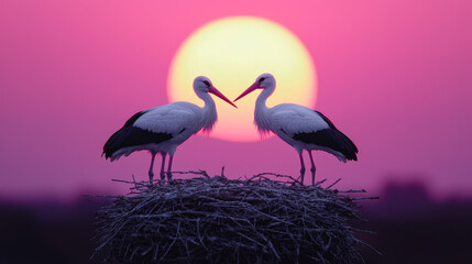 Storks build nest under sunset sky. Two storks stand on their nest at sunset, sharing a moment in front of a large sun in the background.