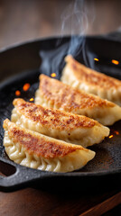 Golden brown pan-fried dumplings with crispy edges in cast iron skillet
