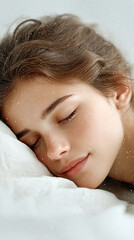 Tranquil young woman sleeping with dreamy hair blending into starry night