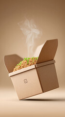 Takeout box with hot steaming rice and vegetables floating overhead view