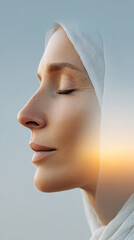 Mask dissolving from face revealing inner peace and transformation