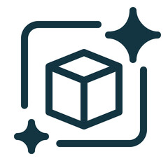 3d model generative AI icon with sparkles, representing artificial intelligence, creativity, and automated 3d model creation. Modern outline symbol for AI-powered design, digital art, and innovation.