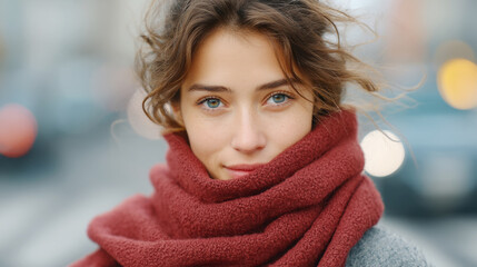 Cozy urban winter scene with scarf-clad woman on a windy day
