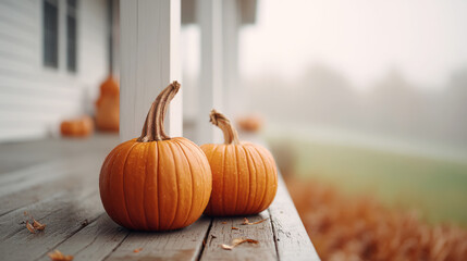 Autumn porch decor with fog and pumpkins