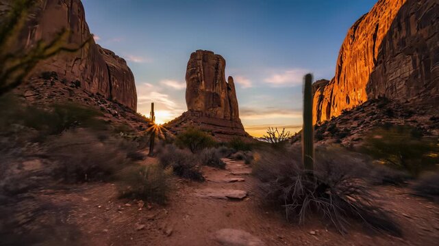 Majestic cactus tree stands tall amidst arid desert landscape, Big Bend Balanced Rock Trail stretches out in distance, setting sun casts warm glow on rocky formations, perfect for outdoor gear.