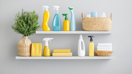 Color coordinated cleaning supplies on floating shelves for home organization