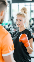 Female kickboxer engaged in training session with coach in gym setting